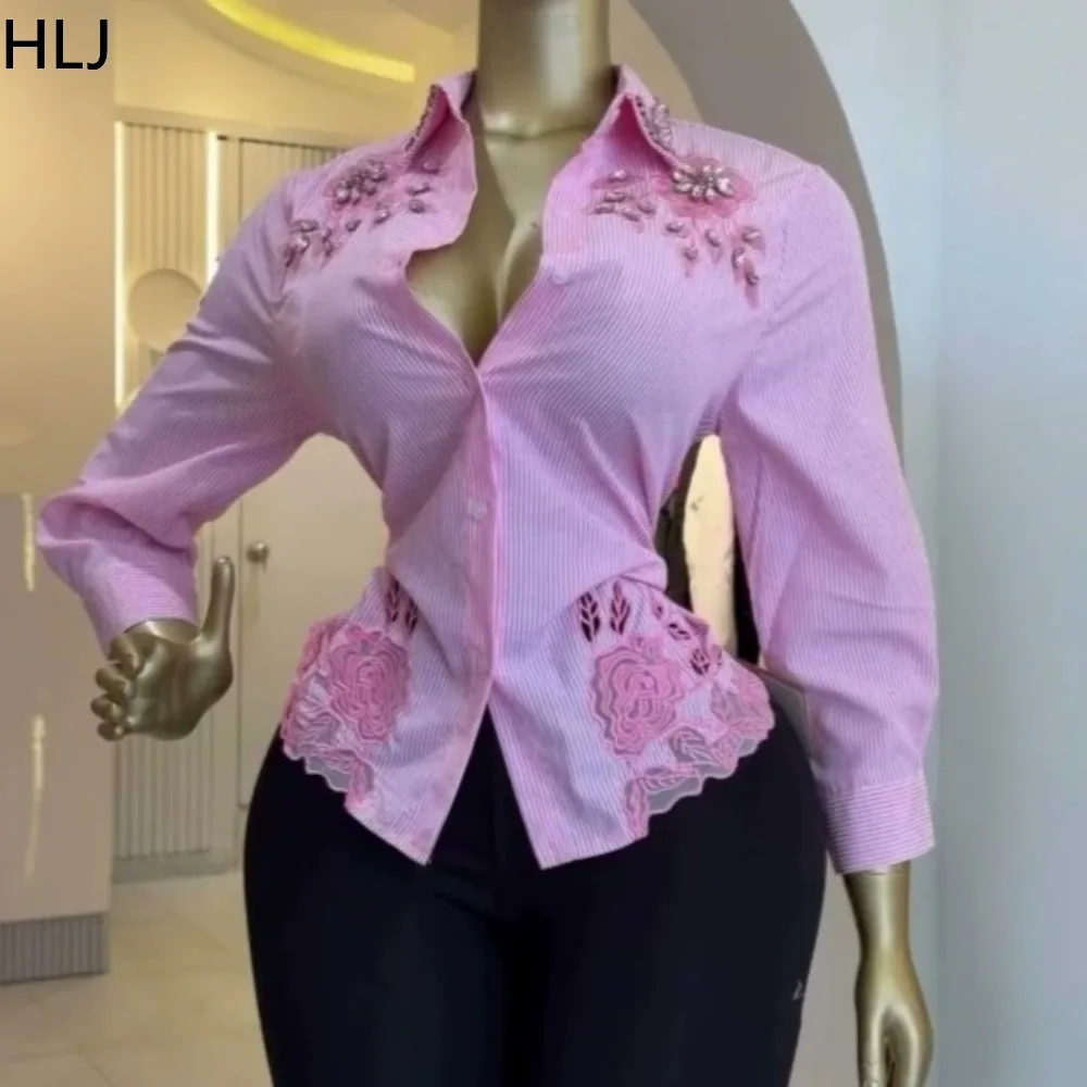HLJ Elegant Striped Blouses for Women Rhinestone Patchwork Cutout Embroidery Long Sleeve Slim Shirt Party Office Tops Vestidos
