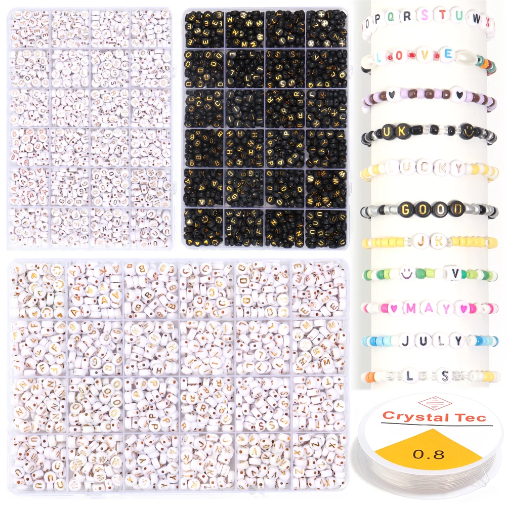 1200 teile/schachtel Acryl Buchstaben Perlen Kits Flache Runde Lose Perlen Mit Stretch Schnur Für Schmuck Machen DIY Armband Halskette Liefert
