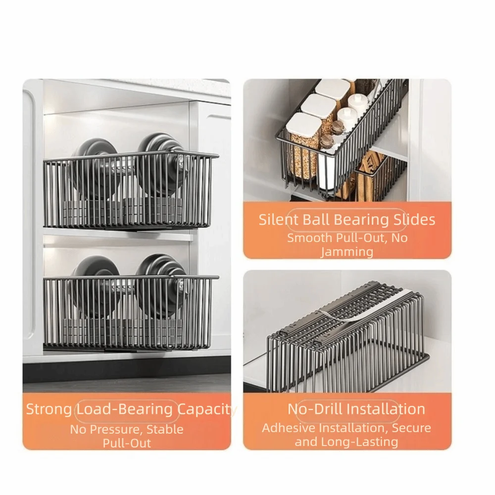 

Carbon Steel Sliding Drawer Rack Pull Out Large Capacity Spice Box Storage Rack with Tracks Adjustable Under Sink Storage Drawer