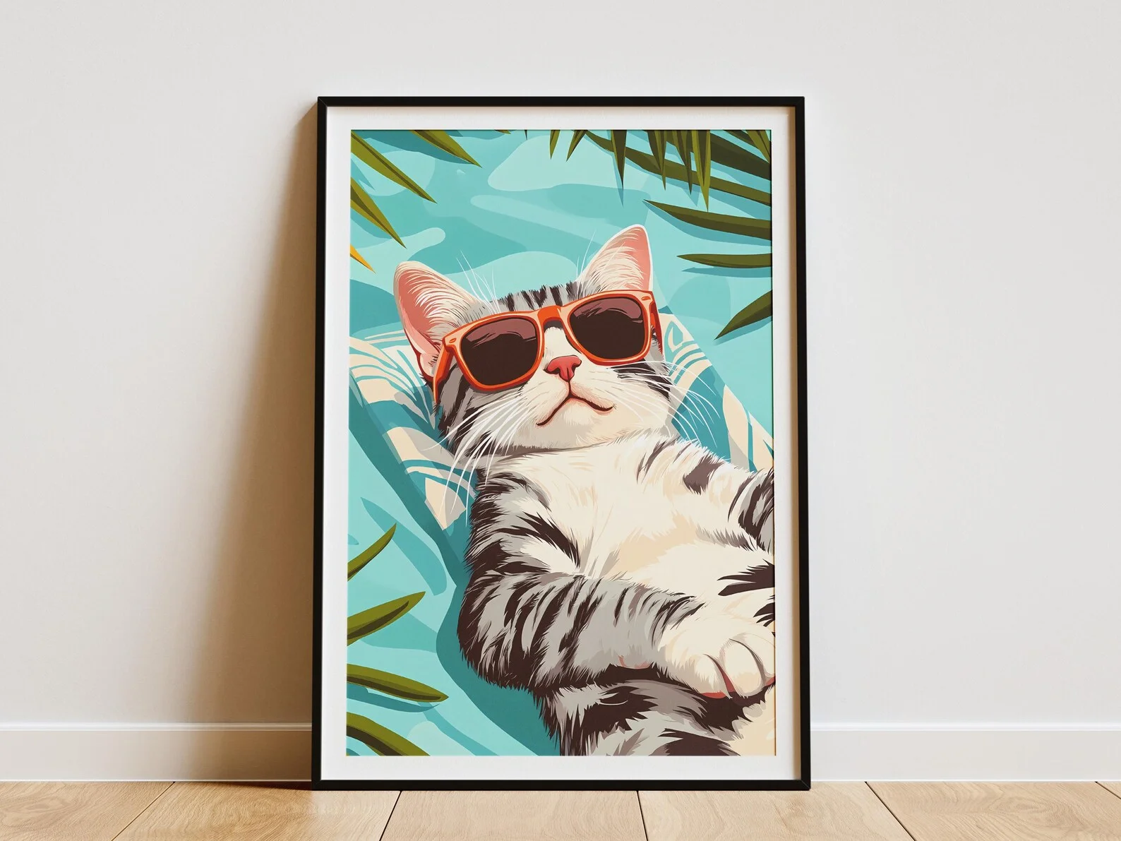 Póster de vacaciones en la playa con diseño de gato americano de pelo corto, gatito hawaiano con gafas de sol, decoración artística.