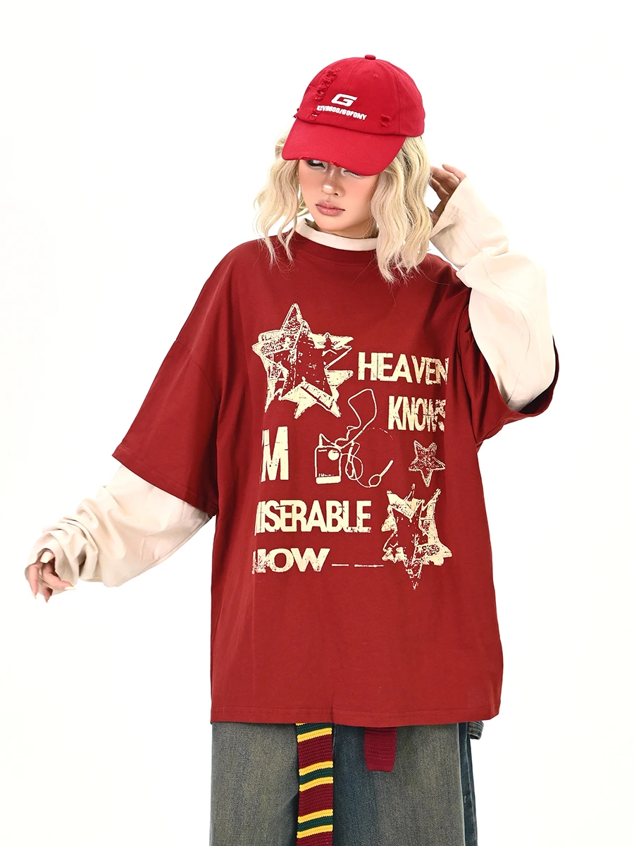 

Red Star Print Long Sleeve T-Shirt Women's Loose BF Trendy Top Creative Street Style Moisture Wicking Other Material Autumn Wear