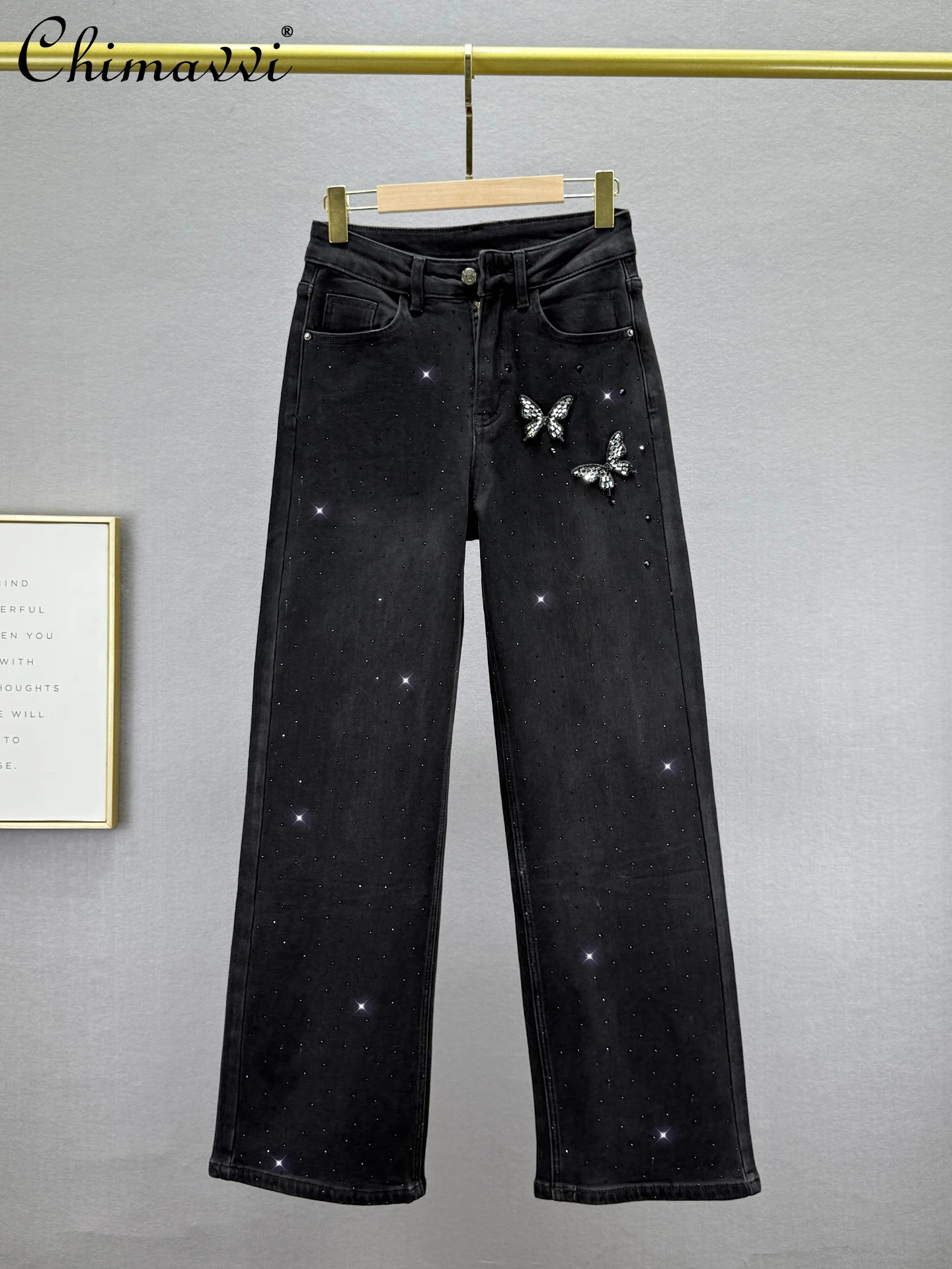 

Black Thin Velvet Denim Wide-Leg Pants Women 2025 Winter New High-Waisted Loose Slimming European Style Rhinestone Long Pants