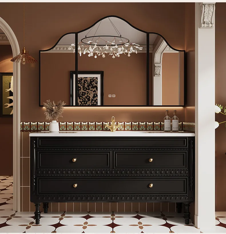 French retro oak bathroom cabinet combination integrated ceramic basin floor-to-ceiling rock slab smart wash basin