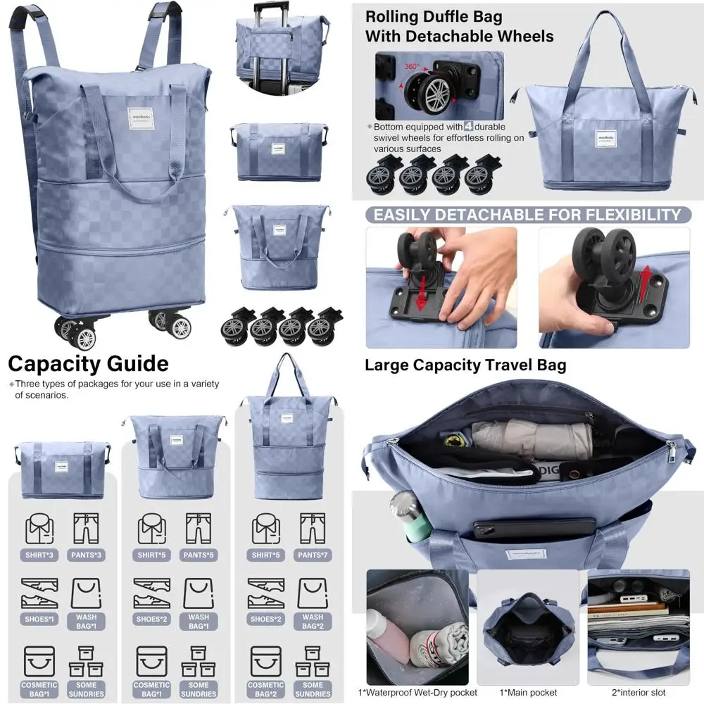 Bolsa de lona plegable expandible con ruedas, mochila desmontable para viajes de fin de semana, negocios, aventuras de acampada