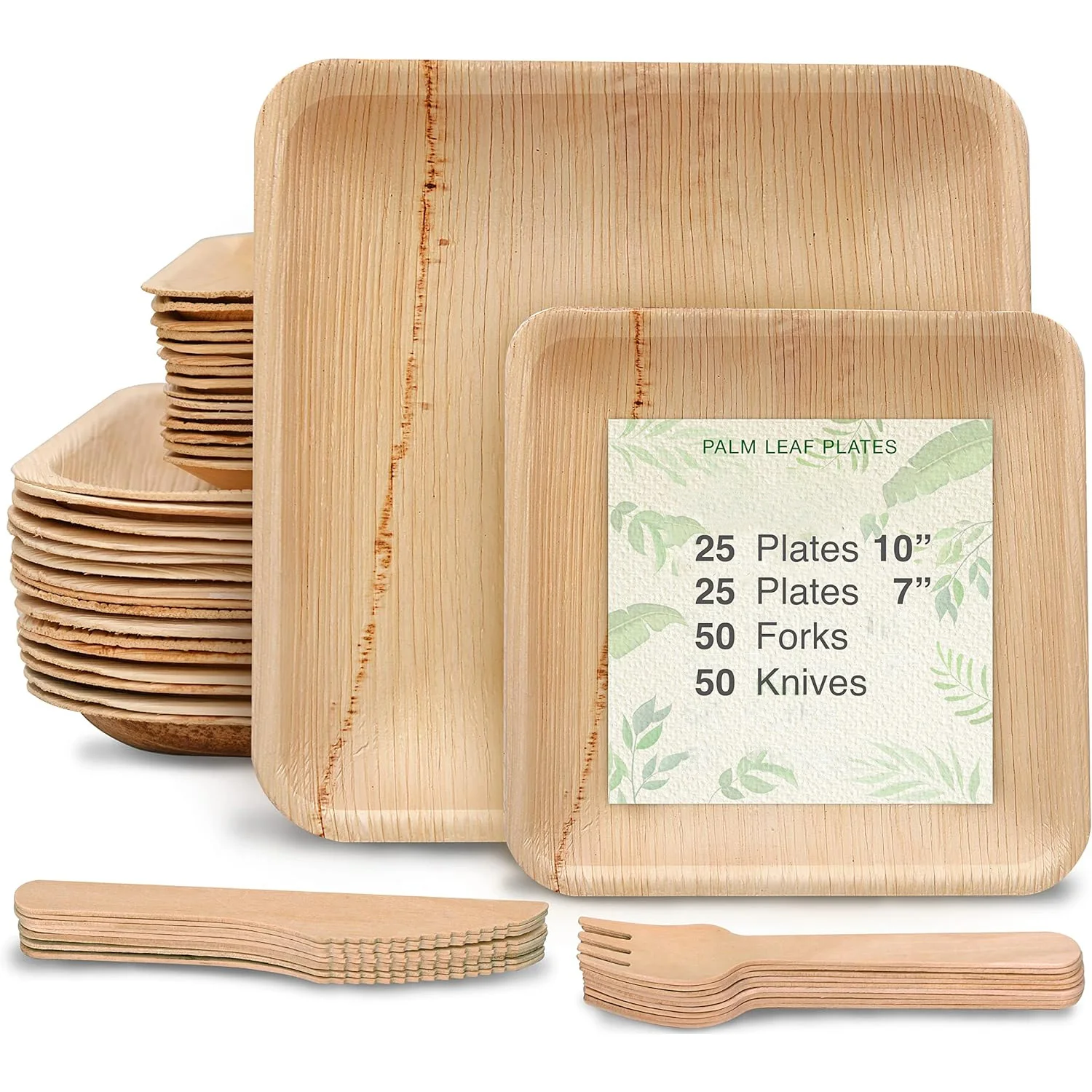 

50/150Pcs Disposable Tableware Set, Palm Leaf Tableware Set, Biodegradable Stackable Disposable Tableware with Wooden Cutlery, Disposable Tableware Set That Can Be Used as a Party Dish, Dessert Plate and Salad Plate, Biodegradable Stackable Tableware