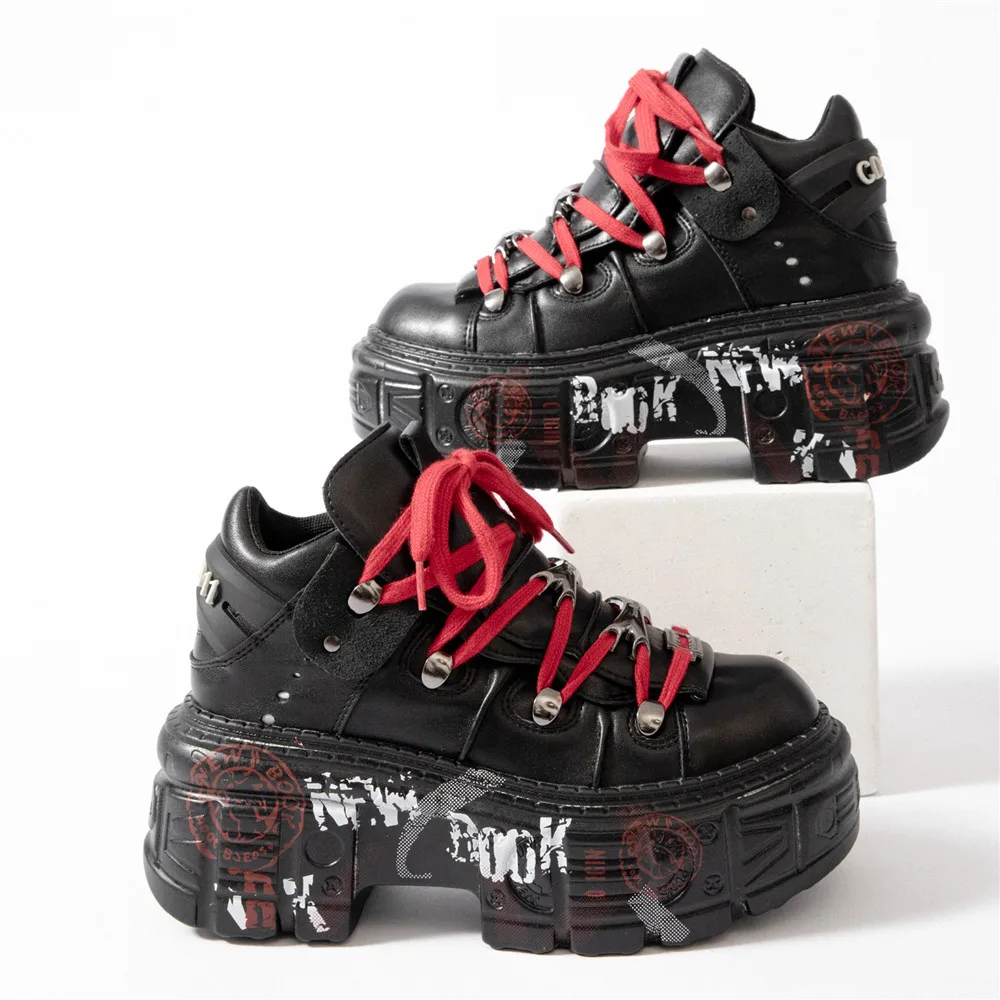 

2025 женская обувь в стиле панк на шнуровке, женские ботинки на платформе с круглым носком и металлическими украшениями, на толстой подошве, Botas Mujer, готические ботинки на платформе с граффити