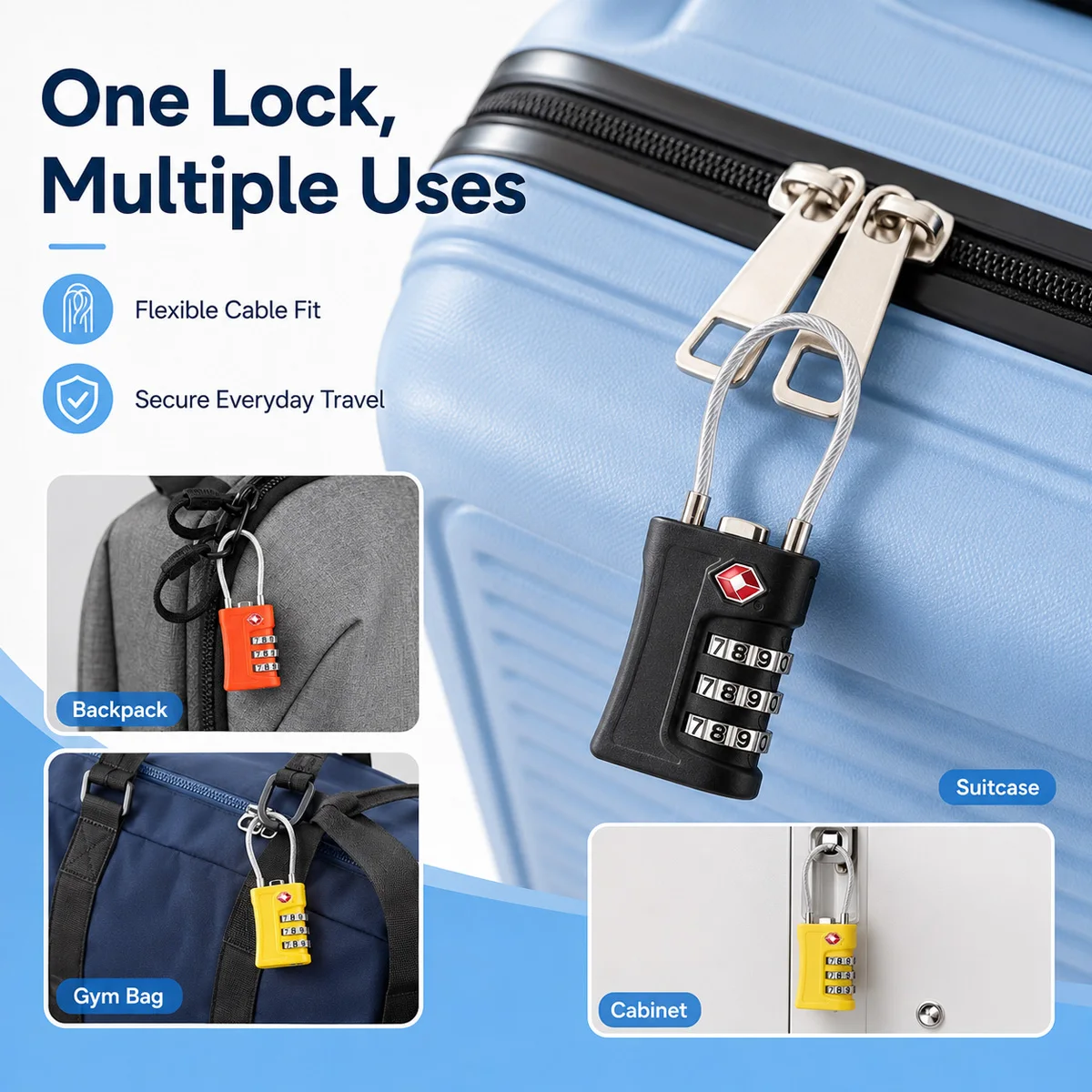 TSA Approved Luggage Lock 3 Digit Combination Cable Padlock for Suitcase Travel Bag Backpack Gym Locker Home Security Portable - view 3