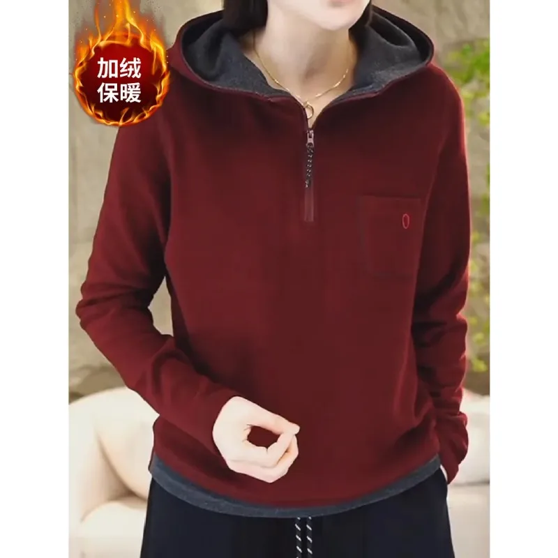 Double-sided Fleece Fake Two-piece Hooded Sweatshirt for Women in Autumn and Winter New Color-blocking Bottoming Shirt Warm Top
