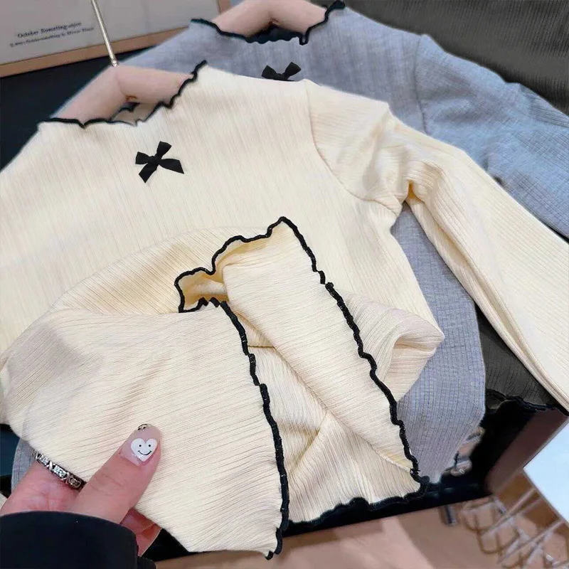 6M-8Y الفتيات تي شيرت بأكمام طويلة الأطفال تكدرت حافة القوس محبوك القمم 2025 الخريف جديد تنوعا قاعدة قميص للطفل الفتيات #6