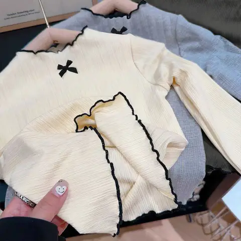 6M-8Y flickor långärmad T-shirt barn ruffled kant rosett stickade toppar 2025 höst ny mångsidig baströja för babyflickor 10 best sales tröja för babyflicka - №3