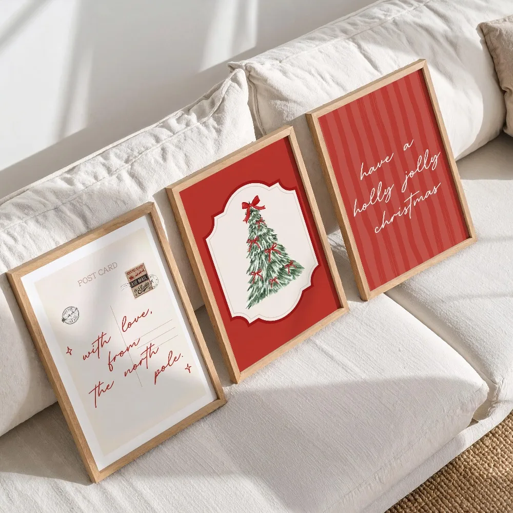 Frameless Fashion Holiday,Christmas Tree with Red Bow Print,Christmas Postcard Poster,Holly Jolly Print Living Room Decoration