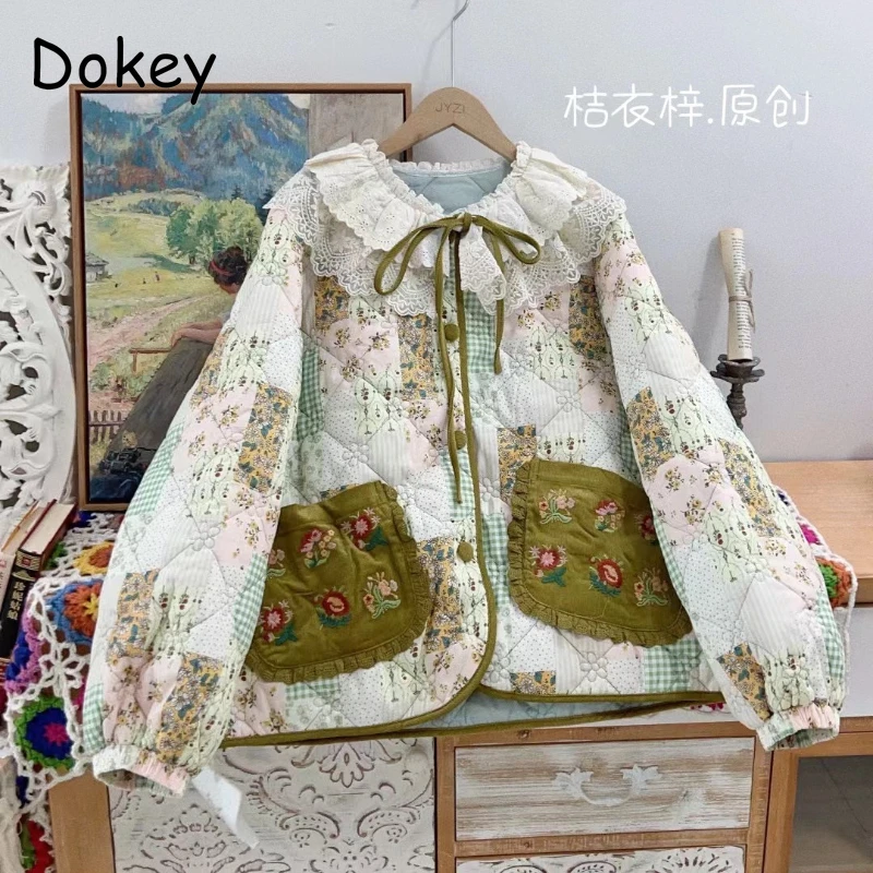 Vintage Ruffled Patchwork Flower Quilted Coat Women Winter Mori Gril Casual Loose Parka Thick Warm Cotton Padded Jacket Female