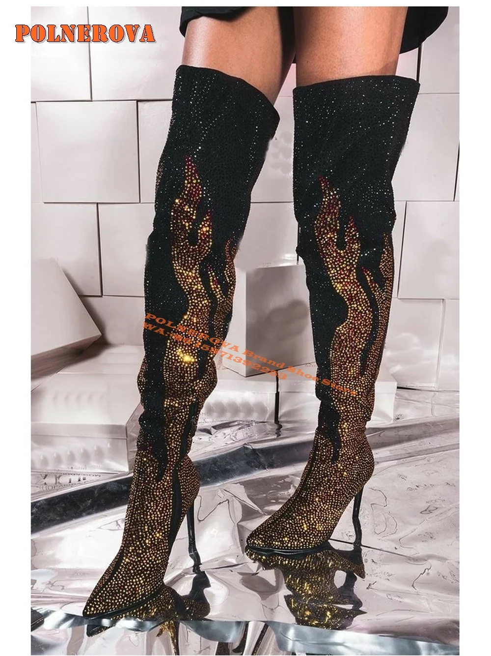 Flame Rhinestone Sexy Over The Knee Boots Pointed Toe Thin Heel Large Size Runway Show Shoes Spicy Girl Street Photography 2024