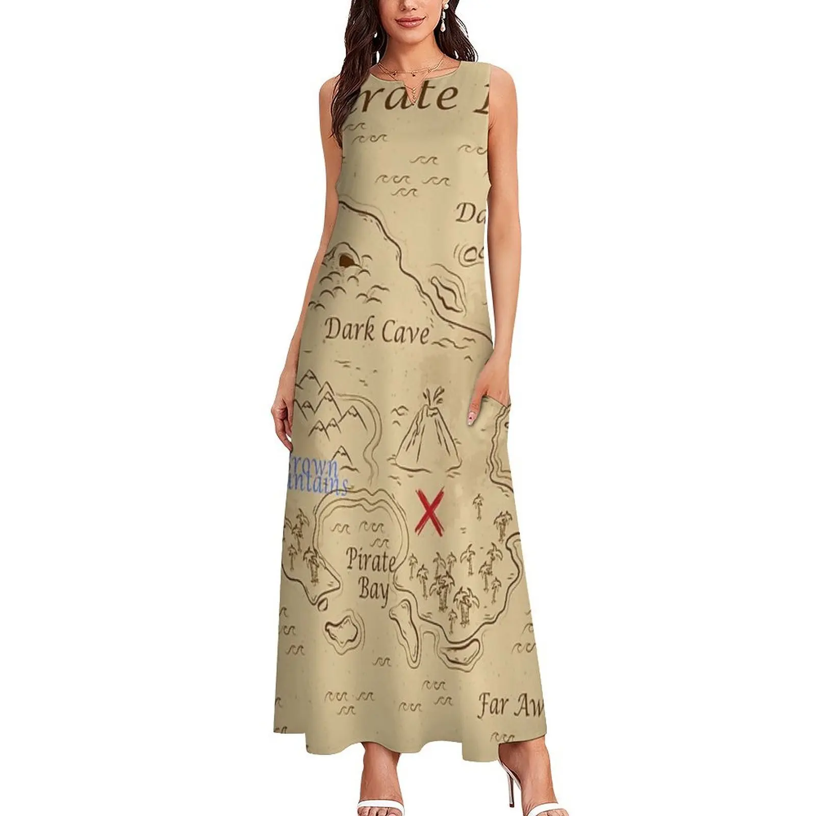 Vestido largo con mapa del tesoro, trajes de verano para mujer, vestido para mujeres embarazadas, vestidos para mujeres, ropa de playa