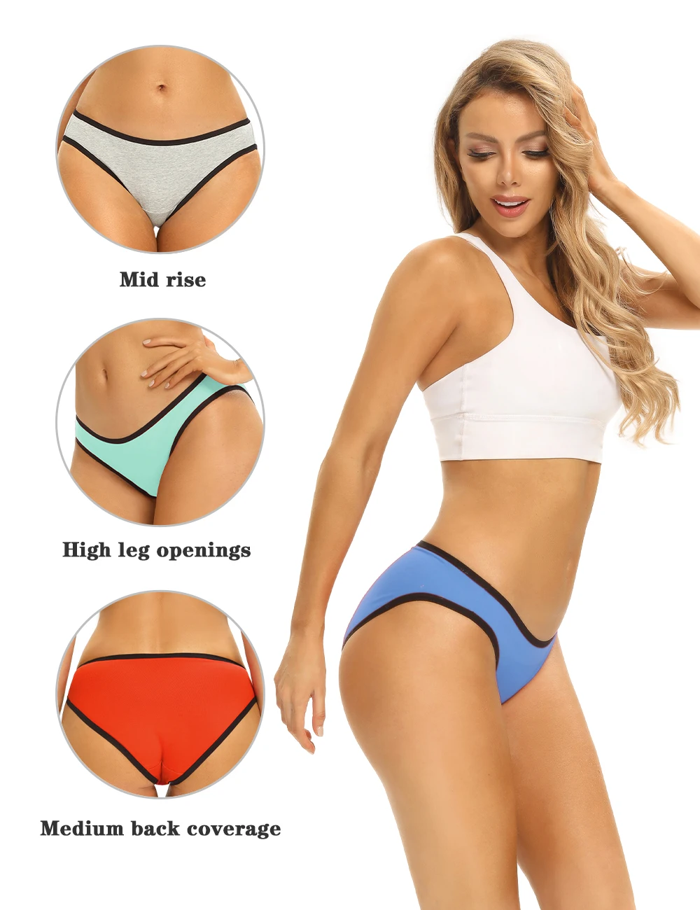 Molasus 6PCS Women High Cut Bikini Panties Breathable & Healthy Cotton Underwear Ladies No Ride Up Underpants Large Size