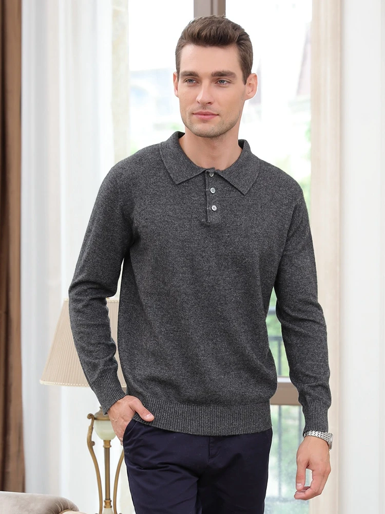 جديد الرجال بولو طوق سترة الكشمير الصلبة 3 أزرار البلوفرات الخريف الشتاء 100% الكشمير تريكو الذكية قميص غير رسمي الملابس