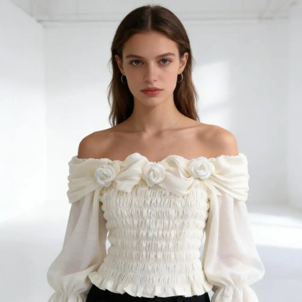 

Women's French Style Off-Shoulder Long Sleeve Blouse with 3D Stereoscopic Flowers Ruched Slim Fit Top for Autumn 2025