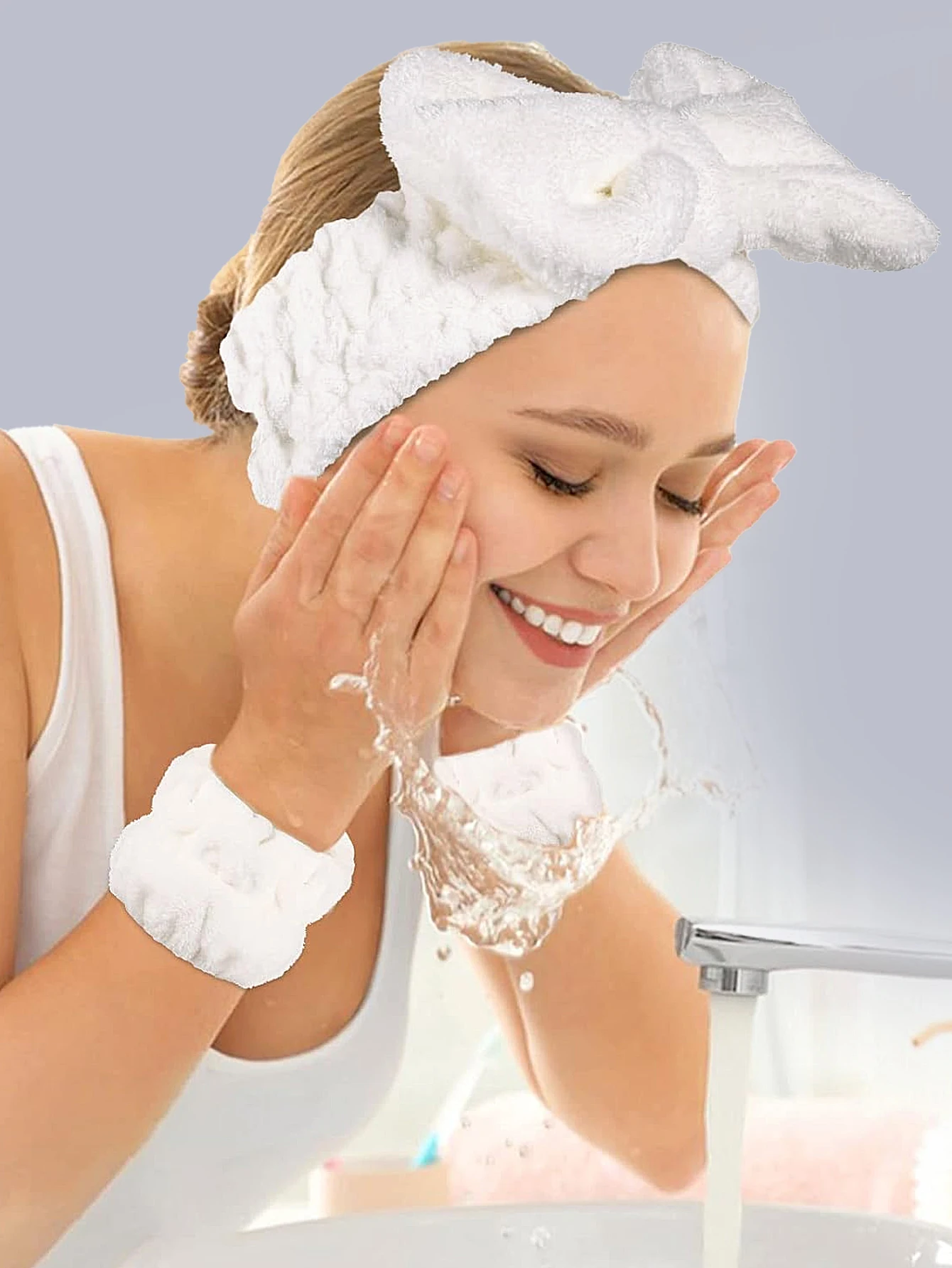 6点セット：リボンヘアバンド + 防水リストバンド + 洗顔ブラシ + ビューティスポンジ - スキンケア＆メイクアップツールキット