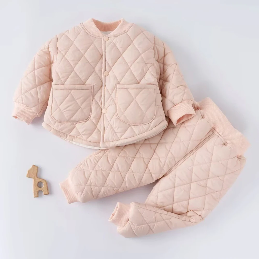 Girls Boys Cotton Coats Pants Suit Winter Single Breasted Warm Quilted Jackets+Pants 2Pcs Children Clothes Sets Kids Homewear