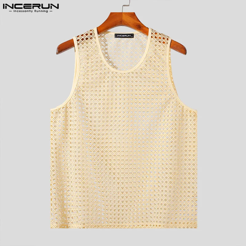 INCERUN Tops 2024 American Style Fashion Men Vacation Style Hollow Mesh Vests Sexy Casual Summer Male Sleeveless Tank Tops S-5XL