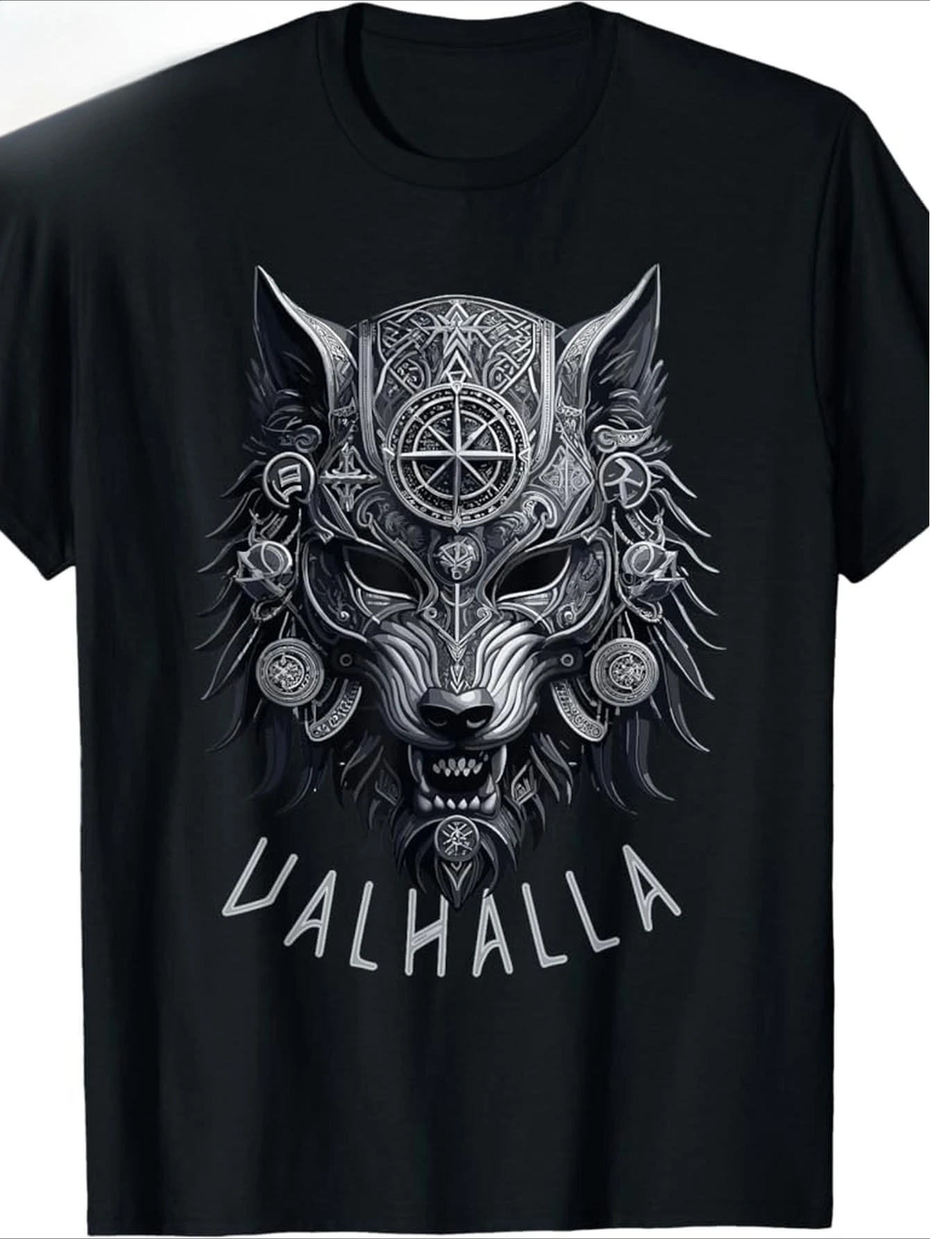 Valhalla Wolf Mask for-Norse Runes & Compass Design-100% cotton summer O-neck short sleeve casual printed men's T-shirt.