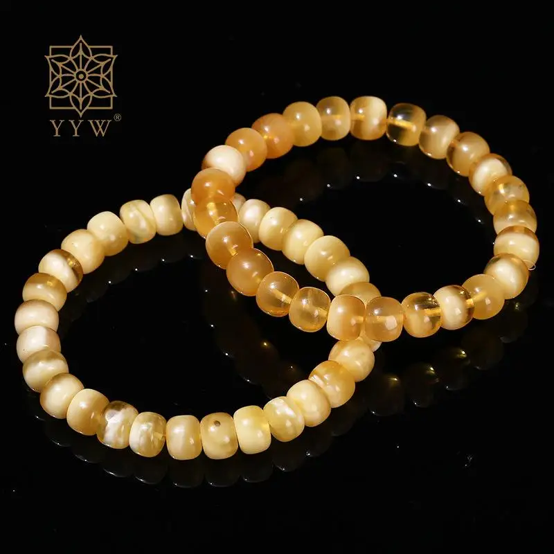 Yellow Beeswax Round Polished Gemstone Bracelets 18 Cm Translucent Beaded Wide Wristband Adjustable Cuff Bangles For Women Girls