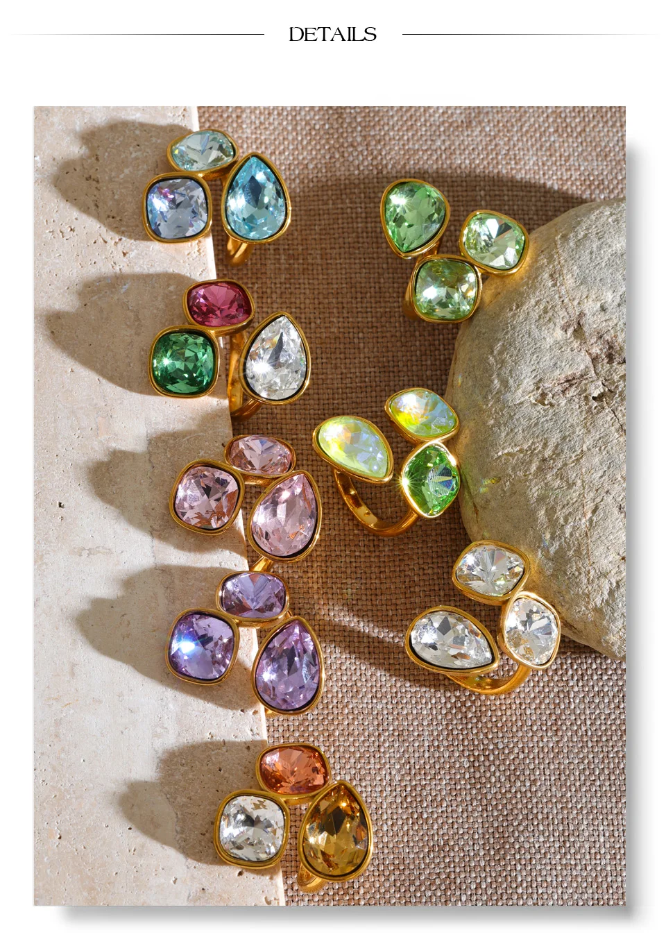 Yhpup 2026 Mehrfarbiger K9-Kristall-Quadrat-Ring für Damen, verstellbar, 18 Karat Goldfarbe, PVD-beschichtet, glänzender, exquisiter Schmuck – Detail 9