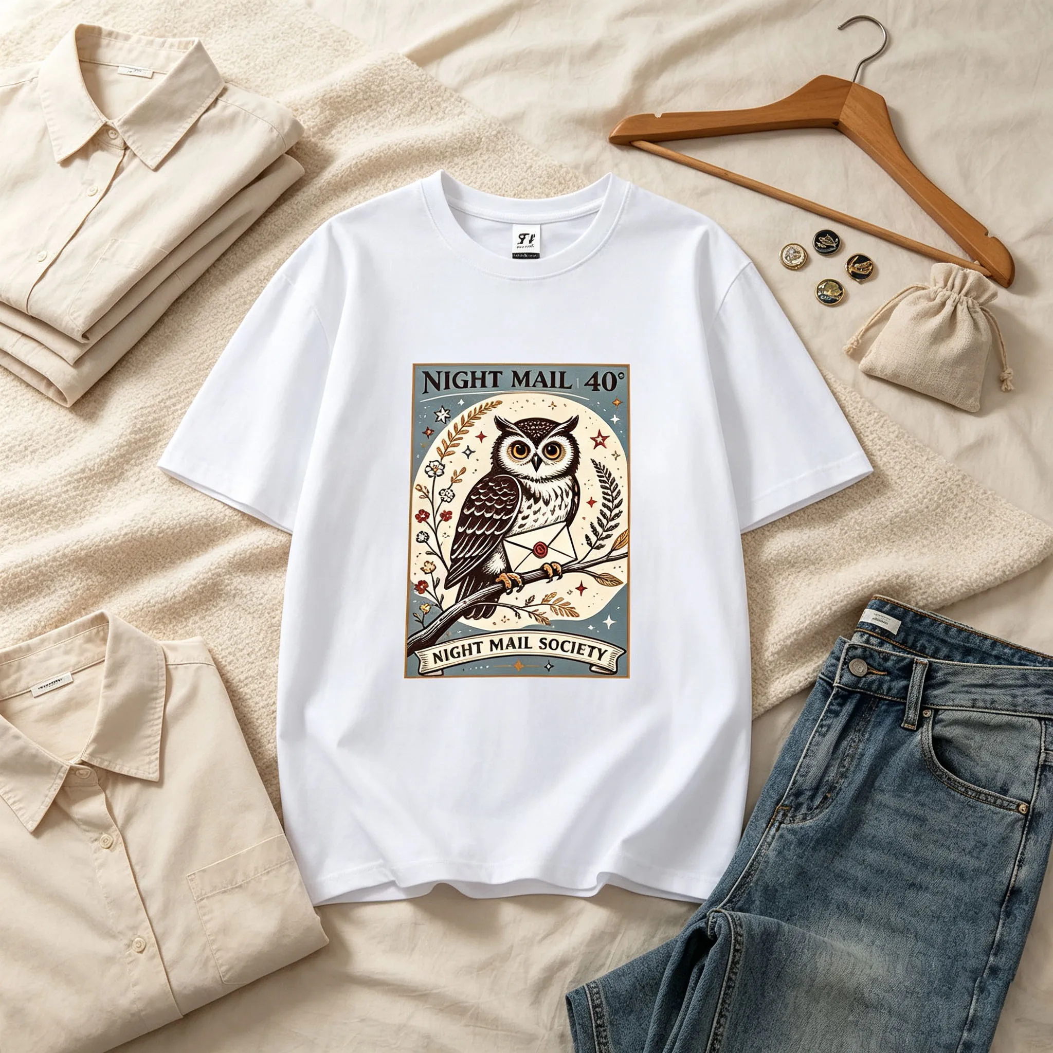 Women Night Mail Owl Vintage Stamp Envelope Graphic T Shirt Retro Botanical Casual Short Sleeve Tee