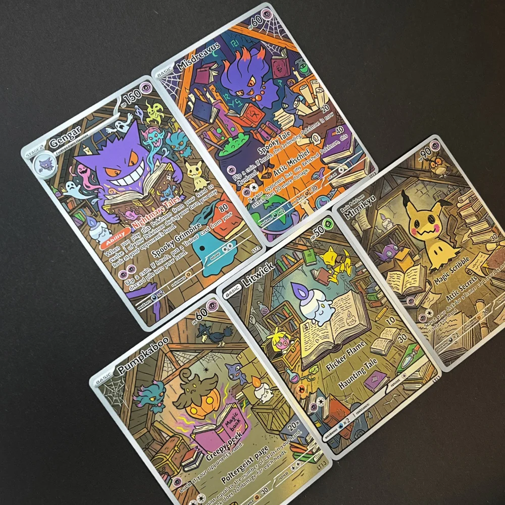 5Pcs TCG Style Gengar Misdreavus Pumpkaboo Litwick Mimikyu Holo Game Cards Gift Art  Flash Card Gift