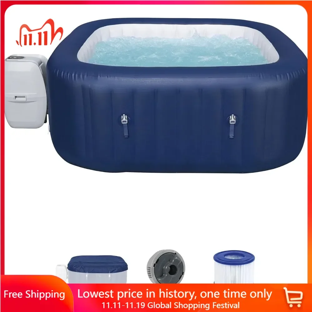 4 To 6 Person Inflatable Hot Tub with 140 AirJets and EnergySense Energy Saving Cover, Square Portable Spa, Outdoor Hot Tub