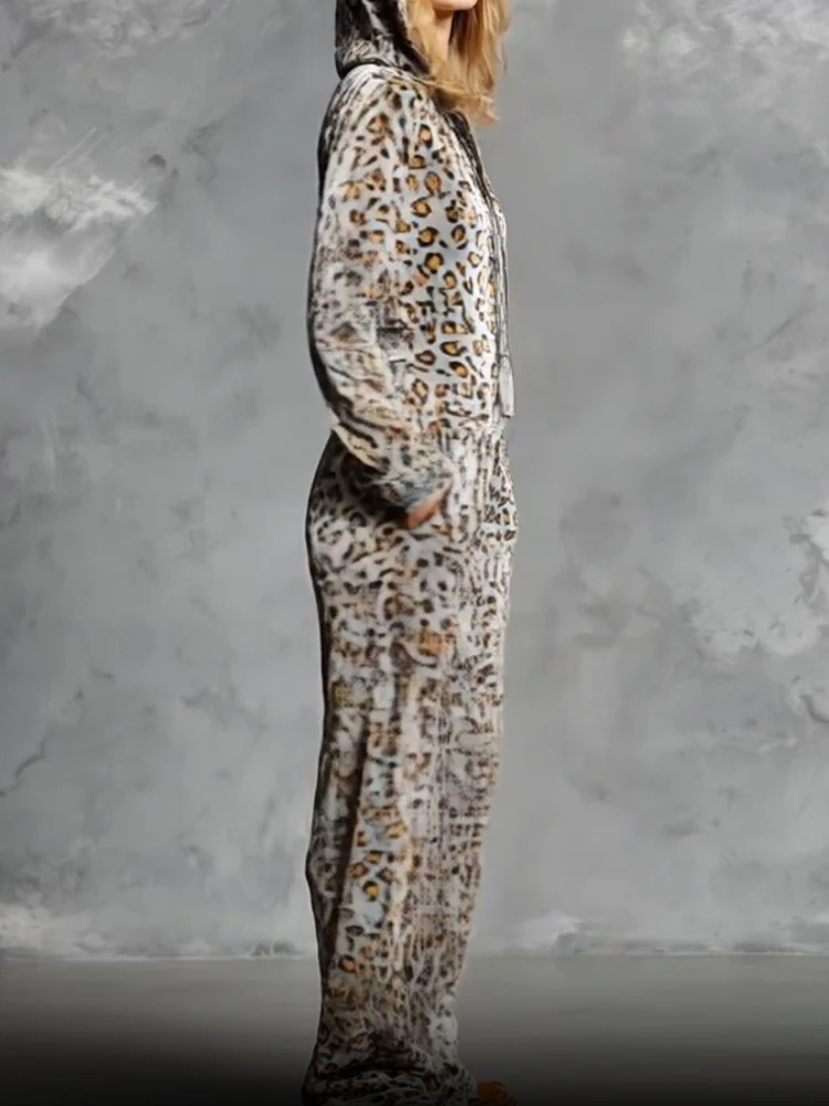 Осенне-зимние комбинезоны с леопардовым принтом и капюшоном, женские праздничные шикарные комбинезоны на молнии с длинными рукавами, широкие брюки, женские боди