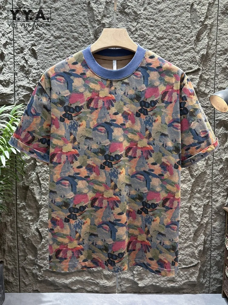 Vintage Men Summer Colors Panelled T-Shirt Short Sleeve Loose Fit O-Neck Pullover Tees Tops High Street Fashion Casual T-Shirts