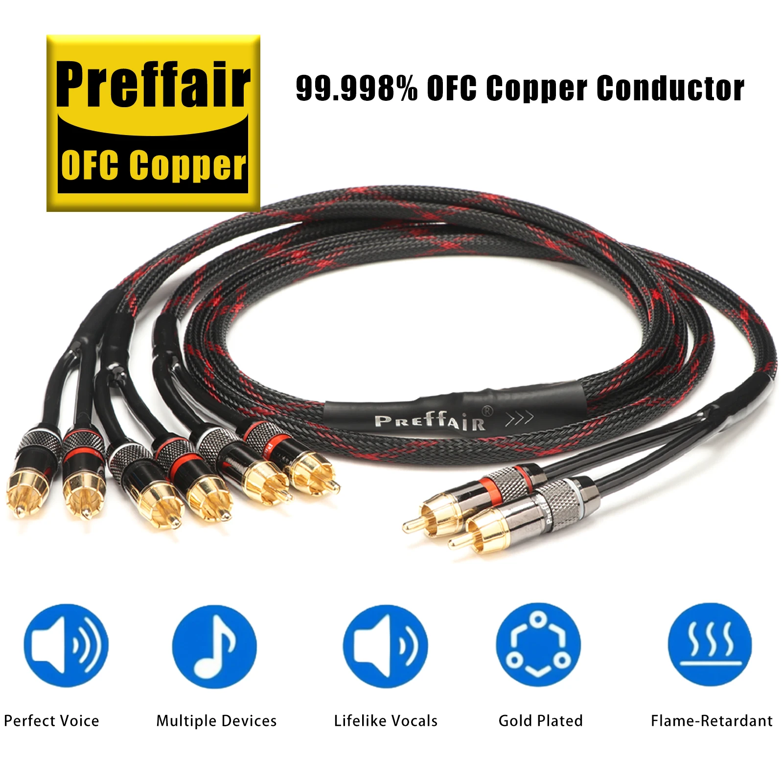 Preffair Gold Plated 2 RCA to 6 RCA Male 4 Core OFC Copper HiFi Audiophile RCA Splitter Y Adapter For AV Receiver