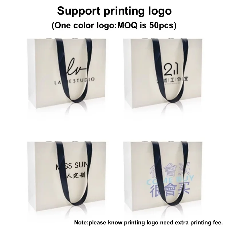 StoBag 10pcs White Shopping Bag Cardboard Tote Shoulder Clothes Gift Package Women Handbag Portable Custom Logo(Extra Fee)