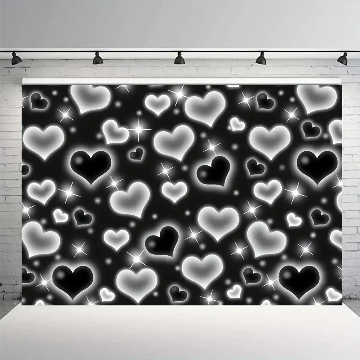 Black And White Glowing Hearts Pattern Y2K Aesthetic Valentine Day Tapestry Romantic Love Wall Art Bedroom Decor Emo Goth Print view 4