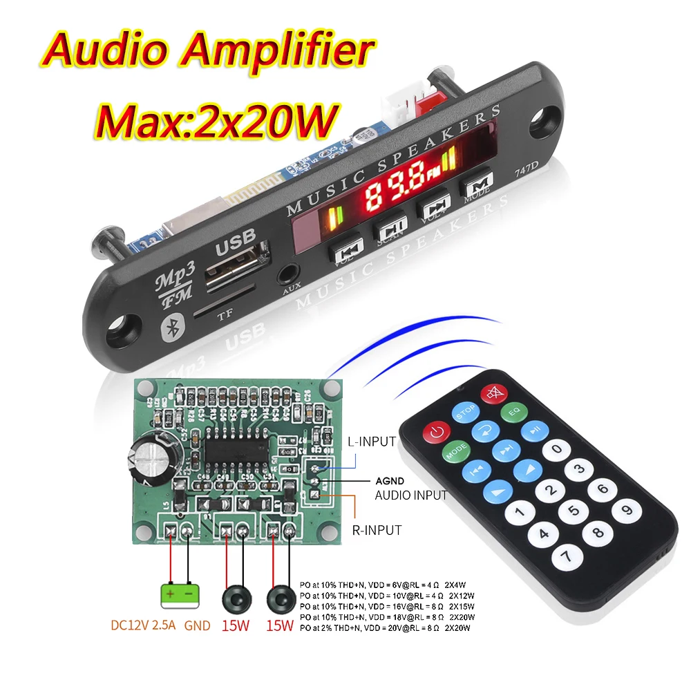 9V 12V Bluetooth 5.0 MP3 Decoding Board with Mic Digital AMP HiFi Stereo 20W Amplifier Module AUX USB FM Handsfree For Speaker