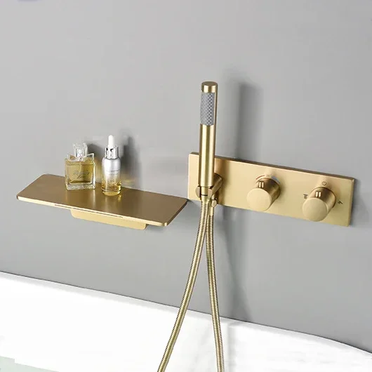 Wall Mounted Tub Faucet Bathroom Brushed Gold Brass Thermostatic Bathtub Faucet with Shower Head