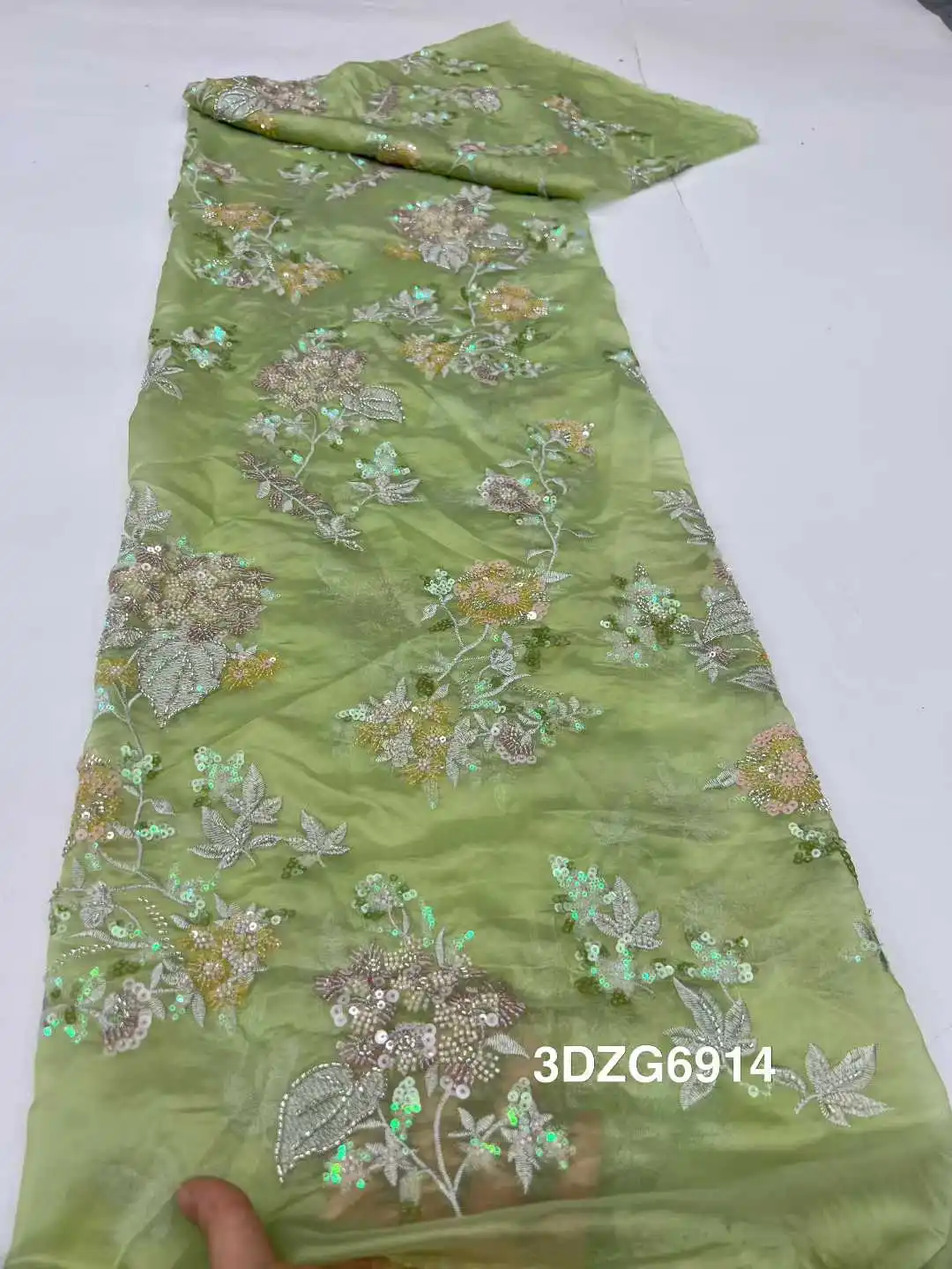 

Элитная африканская кружевная ткань: зеленый тюль с бисером и пайетками, 5 ярдов, для вечерних и свадебных платьев (коллекция 2026)