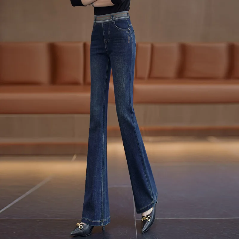 Retro micro jeans women spring elastic waist slimming slim horseshoe pants stretch flared pants