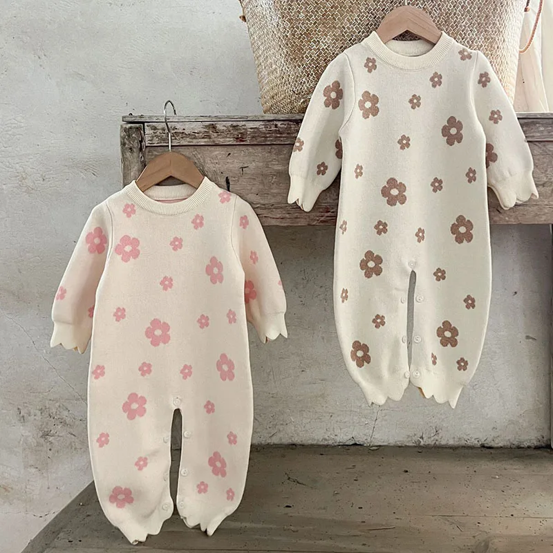 2024 New Autumn Baby Girl Knitted Clothing Newborn Baby Knitted Bodysuits Long Sleeved Print Infant Baby Girls Knitted Jumpsuit