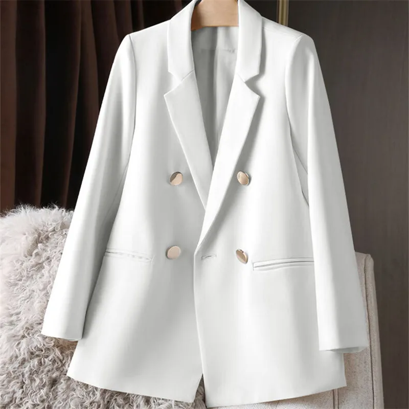 Solid Casual Coat Metal Buckle Small Suit Women\'s Jacket Clothing Summer Double Breasted Office Lady Elegant Blazers Thin Autumn