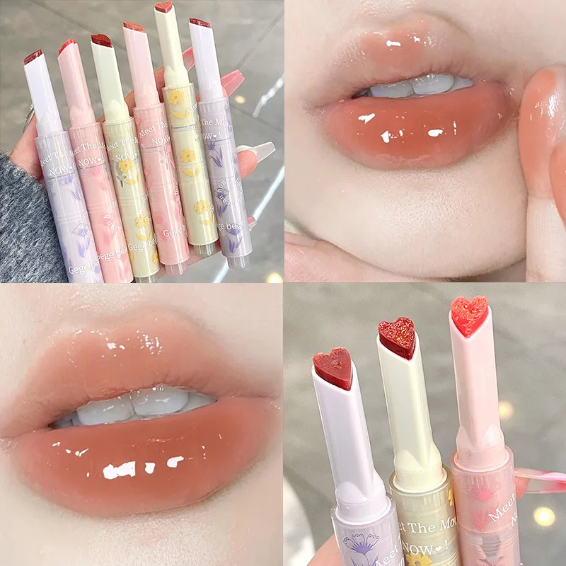 Gelee Lippen glasur Blumen spiegel Wasser Lippenstift Herzförmiger Lip gloss feuchtigkeit spendender Lippenstift Stift wasserdichte Antihaft-Tasse Koreanisch