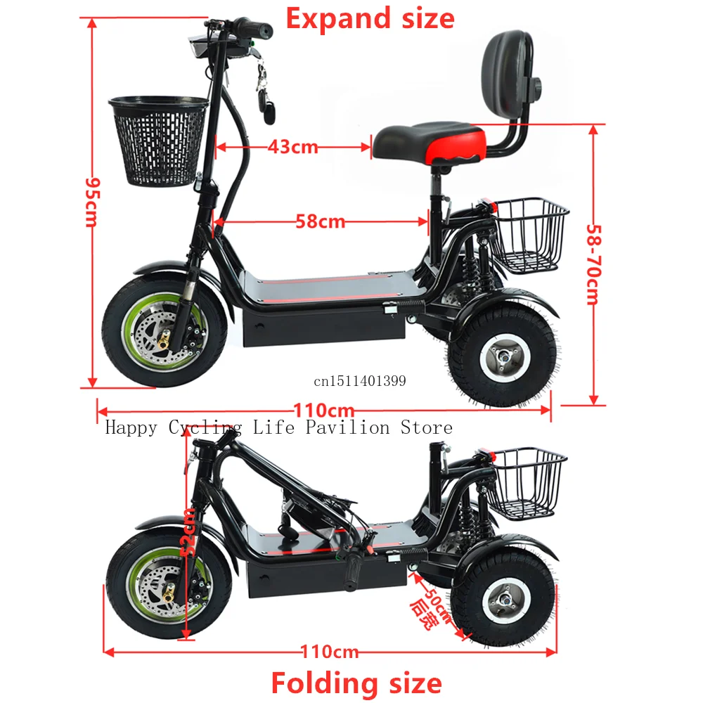 Folding Mini Three-Wheel Electric Tricycle for Adults and Elderly, Electric Scooter, E-Bike,11 Inch, 48V, 350W, 40-50km