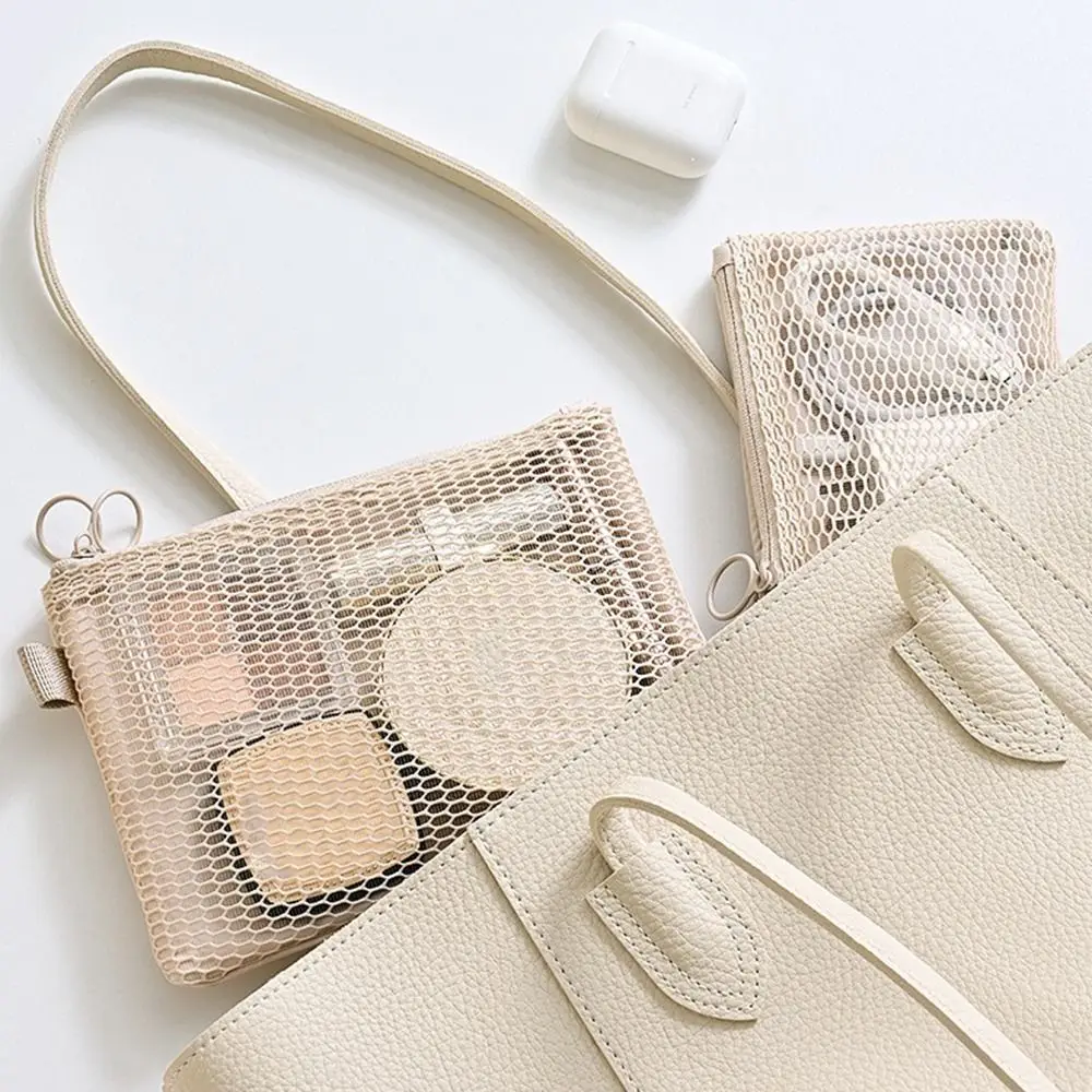 Multi-purpose Storage Bag Mesh Material Beige Mesh Storage Pouch Zipper Closure Lightweight Design Coin Purse Cosmetic Storage