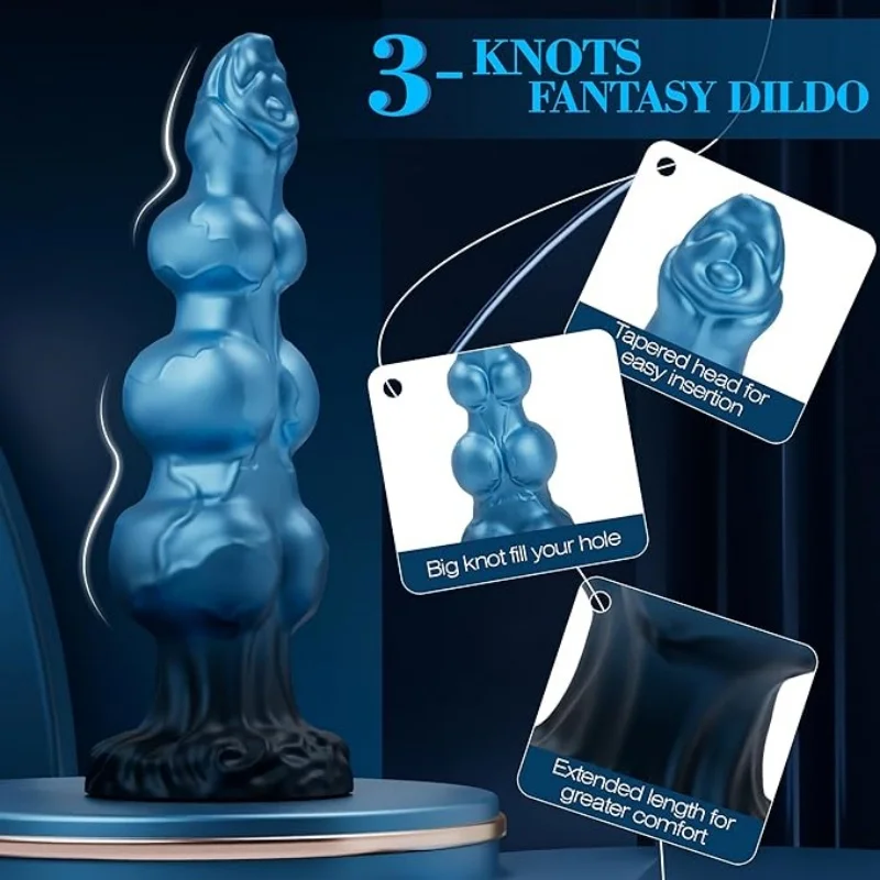 1 Piece Blue Black Gourd Egg Monster Fantasy Dildo - 3 Dog Knots, Wide Cylindrical Anal G-Spot, Large Sucker, Liquid Silicone, A view 2