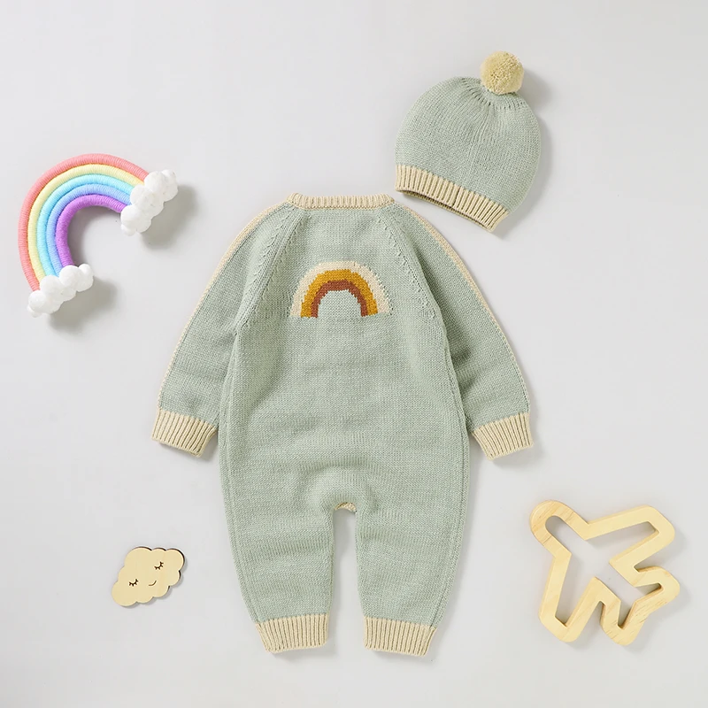 Autumn Baby Rompers Knit Infant Clothing Hat 0-18M Overalls Rainbow Playsuit Newborn Girls Boys Jumpsuit Long Sleeve Outfits 2PC