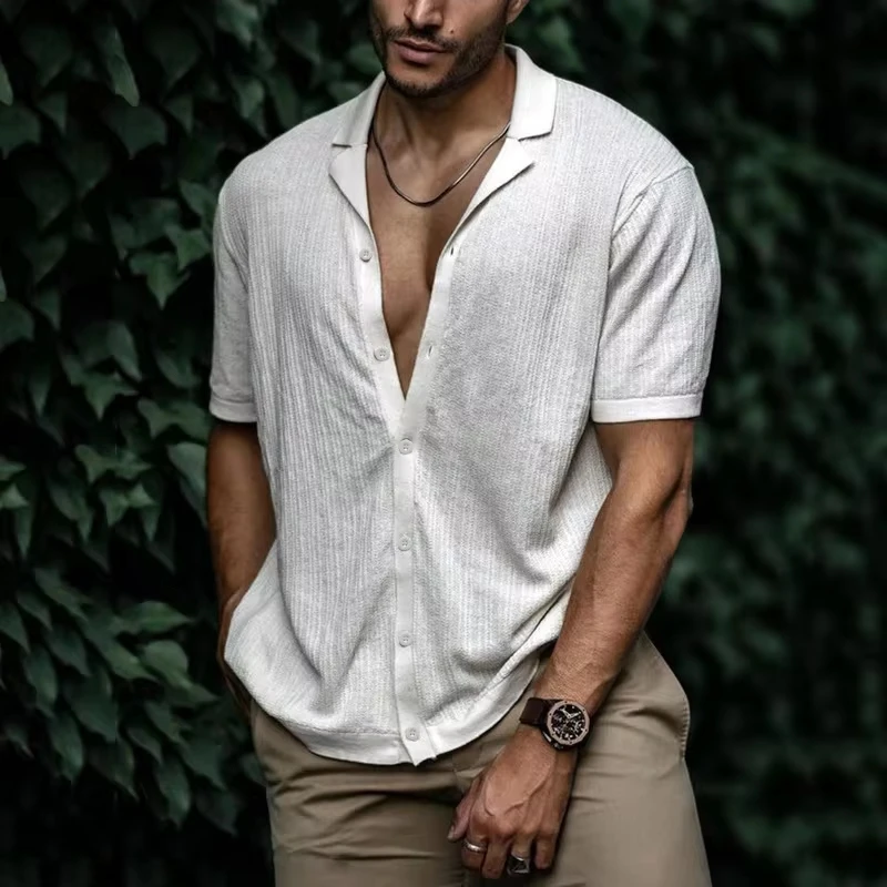 

American New Fashion Summer Men's White Green Solid Color Casual Trendy Short Sleeve Turn-down Collar Shirts Male Clothes Tops
