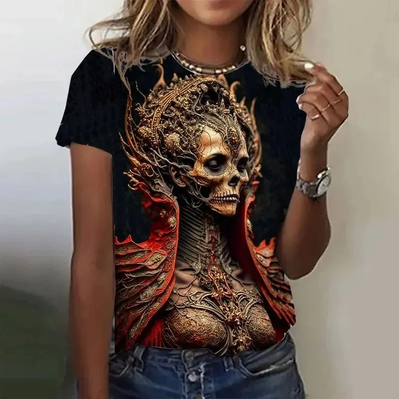 Women's T-shirt Sugar Skull Rose Portrait Graphic Print O-Neck Short Sleeve Casual Streetwear Summer Ladies Tops Women Clothing