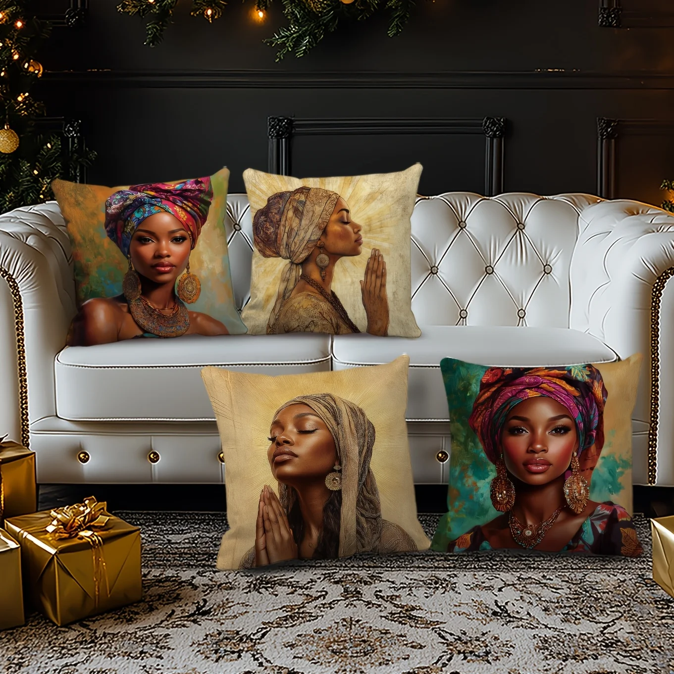 Juego  4 Fundas para Cojines con Diseño  Mujer Afroamericana Morna Acuadas para Decoración Diaria, Fiestas Festivas, Sal