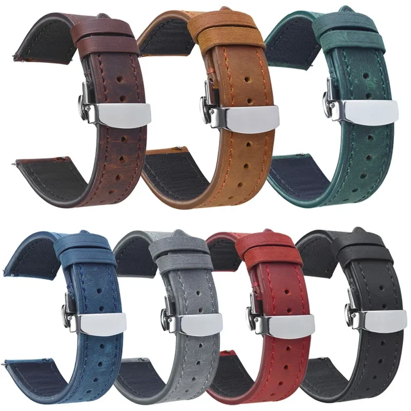 Pulseira de Relógio Retro em Couro Genuíno de 18 a 24mm com Fecho Borboleta, Pulseira de Couro Macio Universal para Relógio